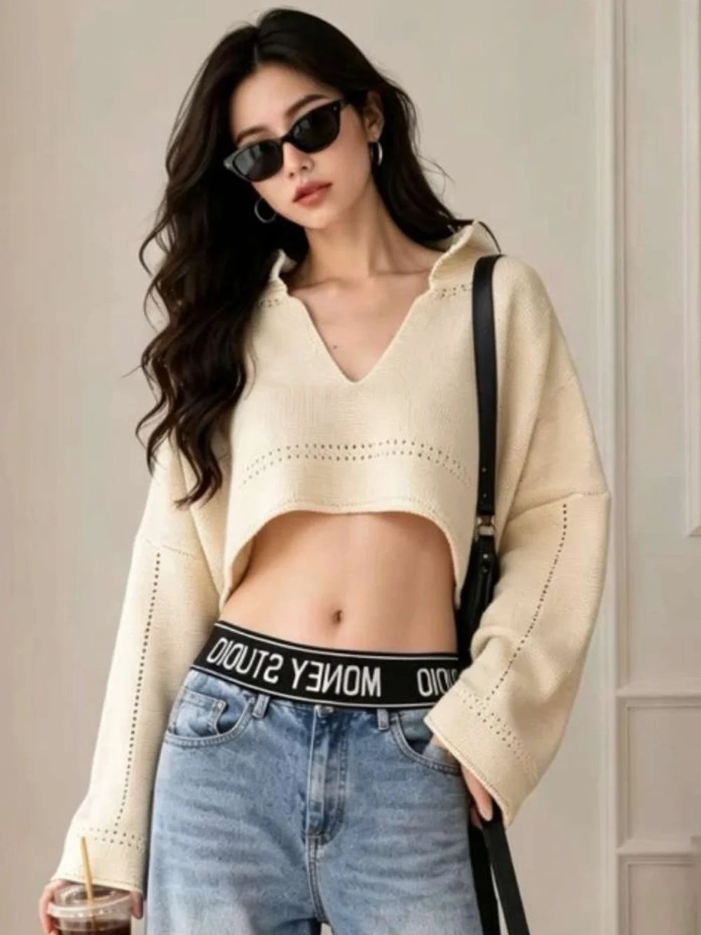 Women’s Cream V-Neck Cropped Open Knit Sweater